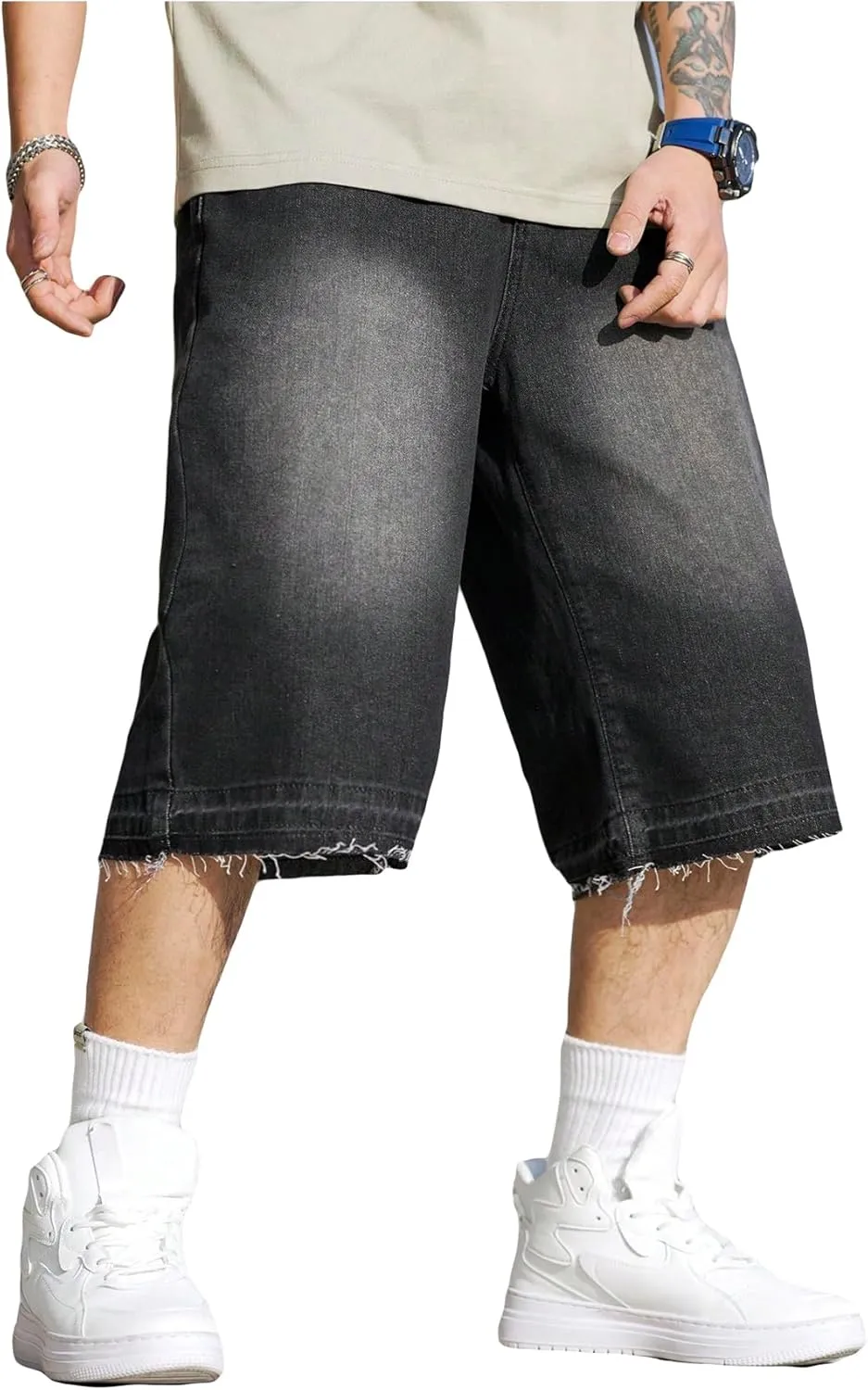 Verdusa Men's Baggy Jean Raw Trim Casual Loose Denim Shorts Bermuda Jean Loose Short