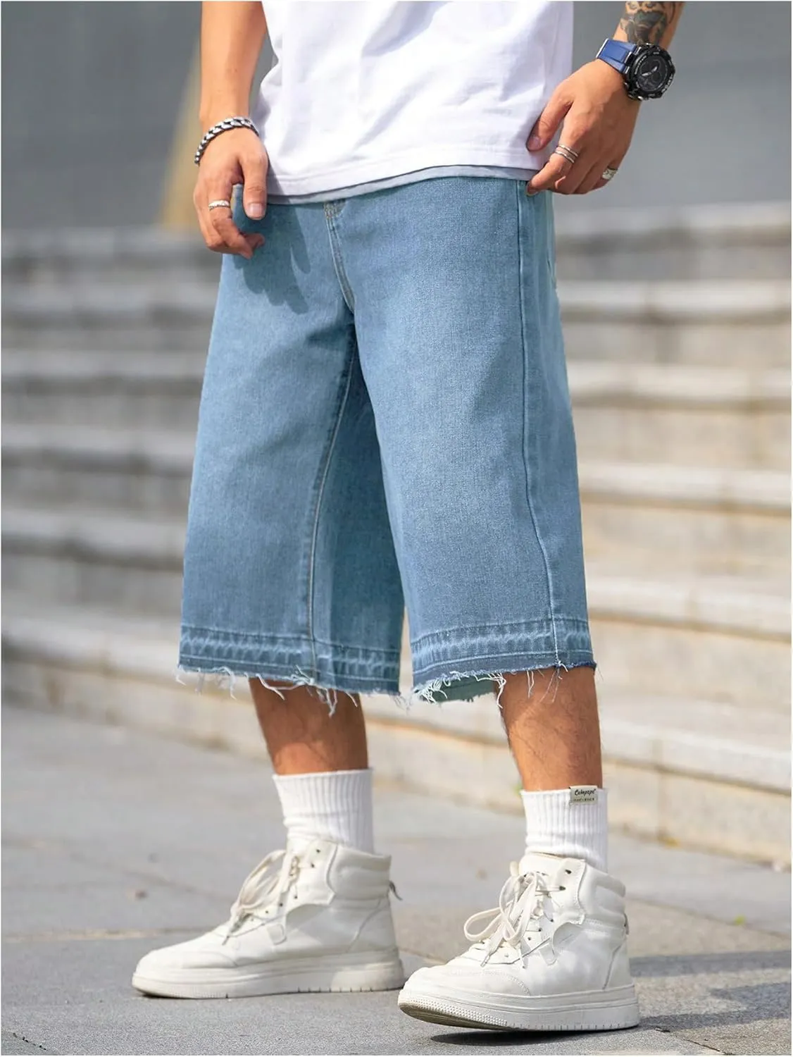 Verdusa Men's Baggy Jean Raw Trim Casual Loose Denim Shorts Bermuda Jean Loose Short