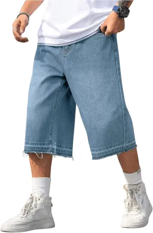 Verdusa Men's Baggy Jean Raw Trim Casual Loose Denim Shorts Bermuda Jean Loose Short