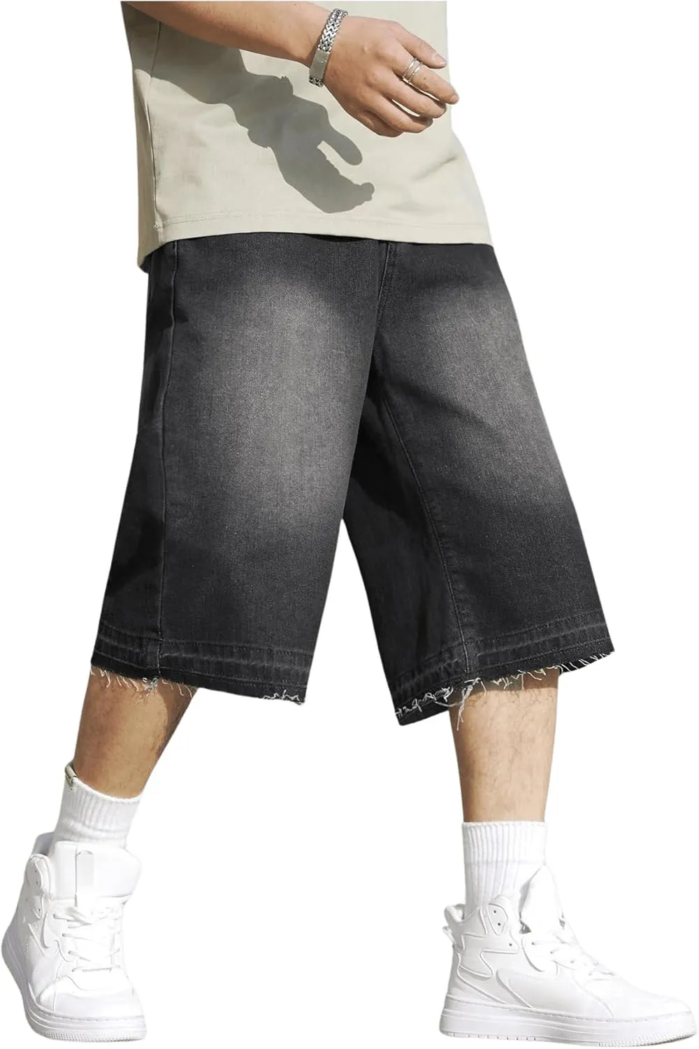 Verdusa Men's Baggy Jean Raw Trim Casual Loose Denim Shorts Bermuda Jean Loose Short