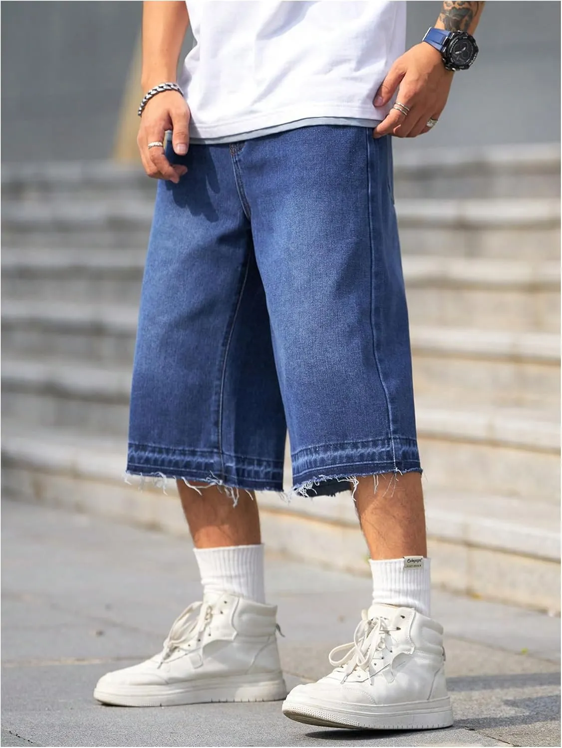 Verdusa Men's Baggy Jean Raw Trim Casual Loose Denim Shorts Bermuda Jean Loose Short