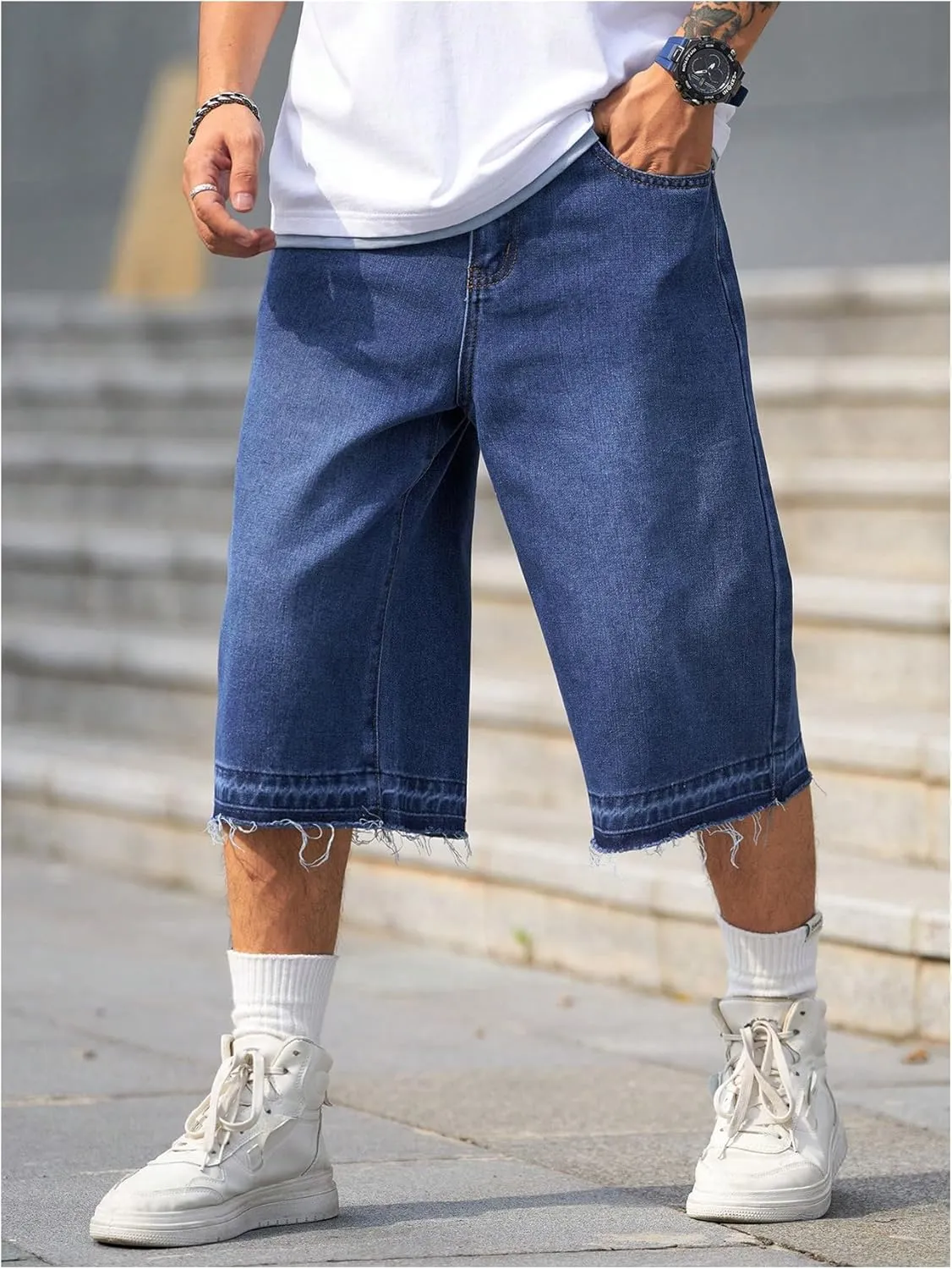 Verdusa Men's Baggy Jean Raw Trim Casual Loose Denim Shorts Bermuda Jean Loose Short
