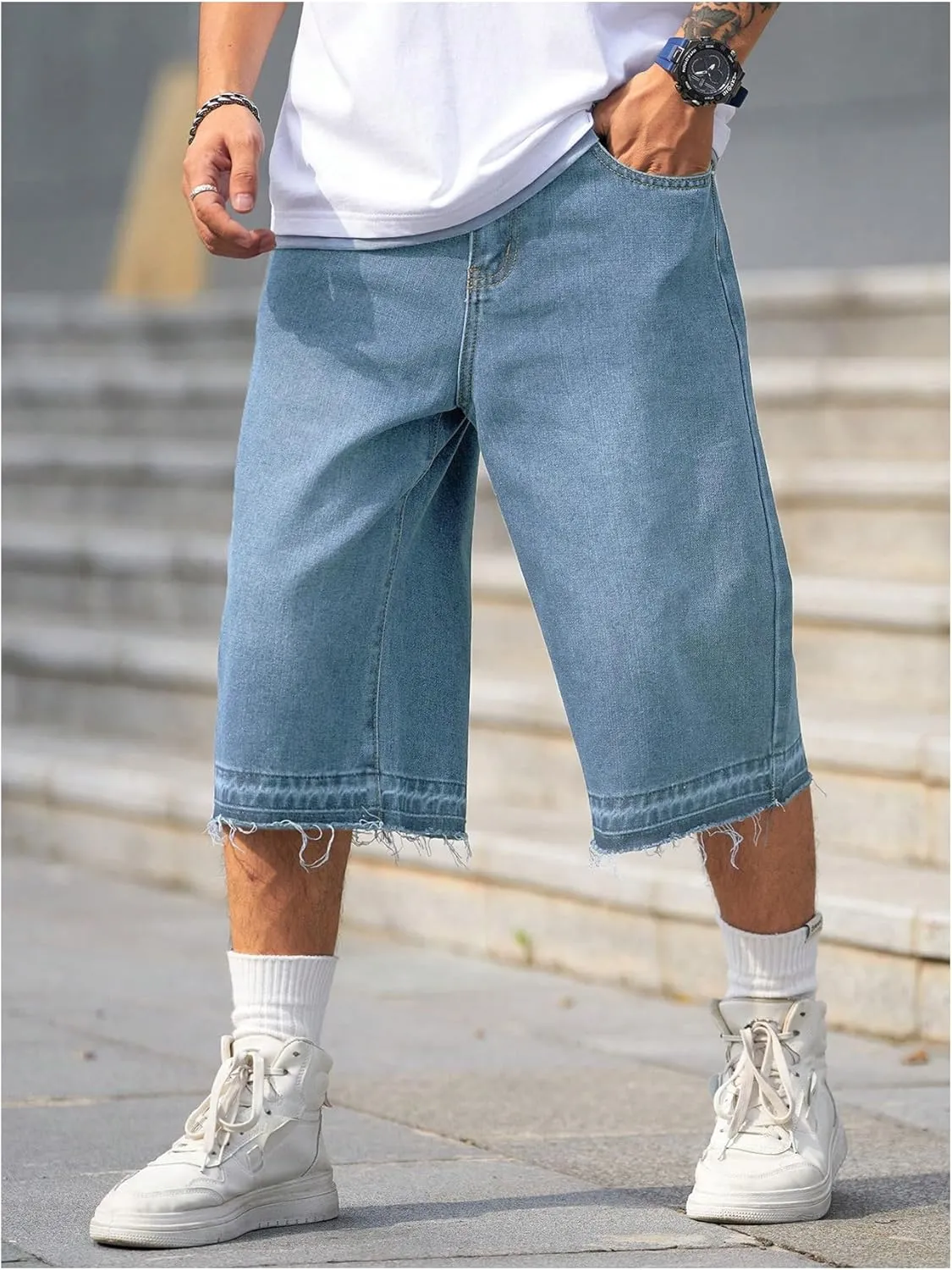 Verdusa Men's Baggy Jean Raw Trim Casual Loose Denim Shorts Bermuda Jean Loose Short