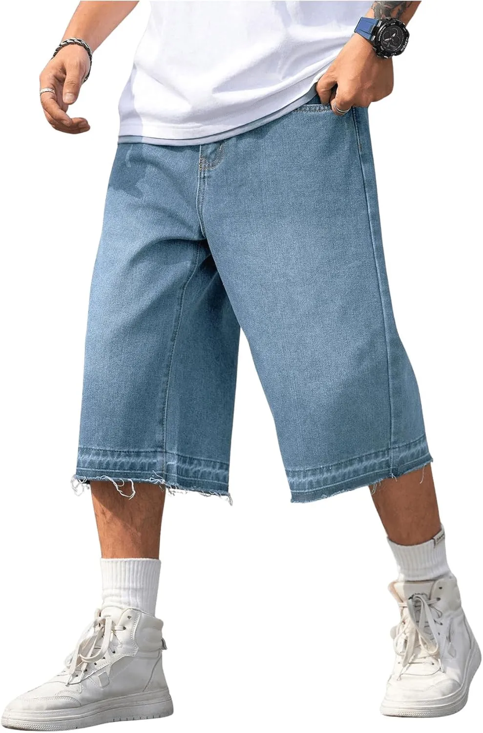Verdusa Men's Baggy Jean Raw Trim Casual Loose Denim Shorts Bermuda Jean Loose Short