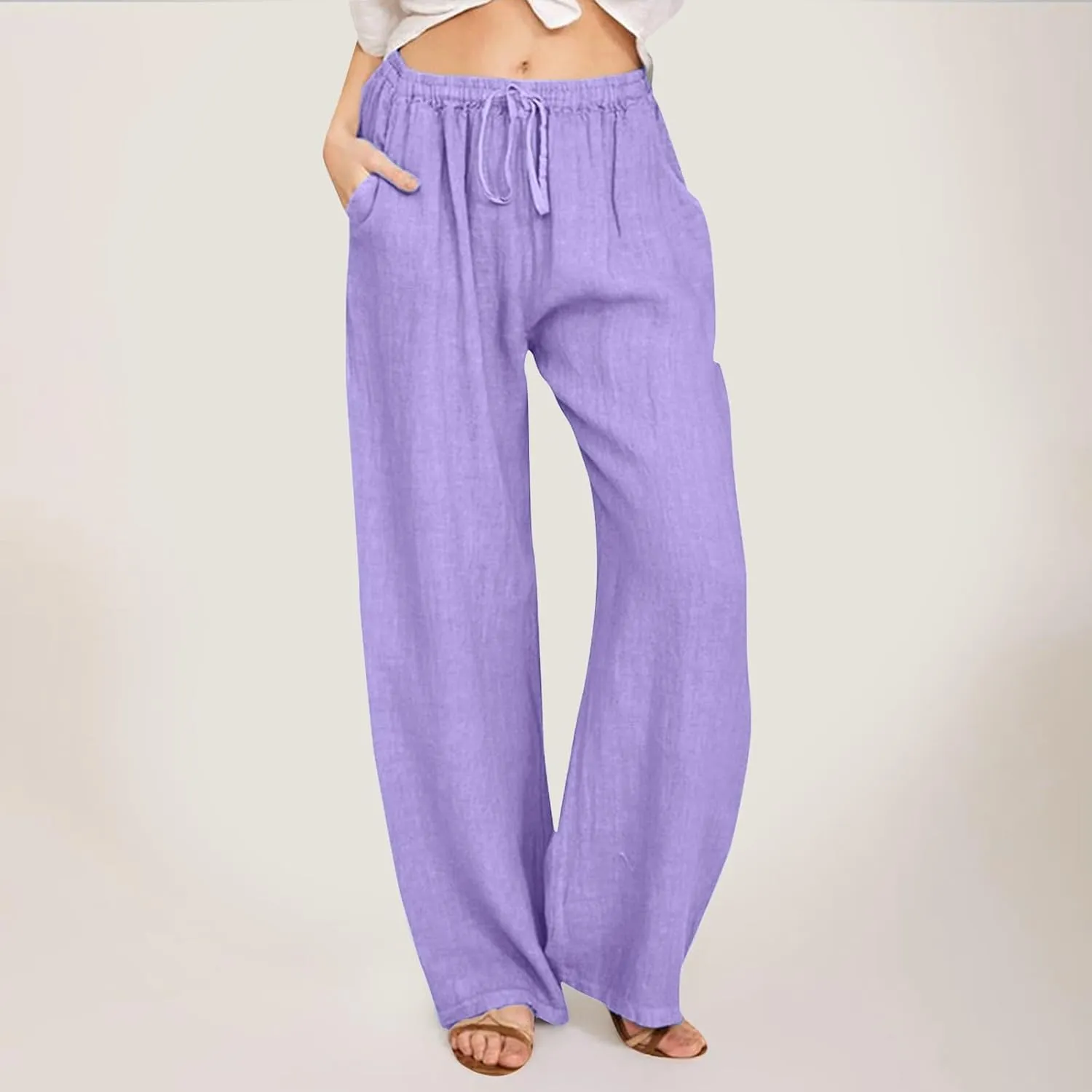 Women Linen Summer Casual Loose Pants Low Waist Long Lounge Loose Fit Trouser Office