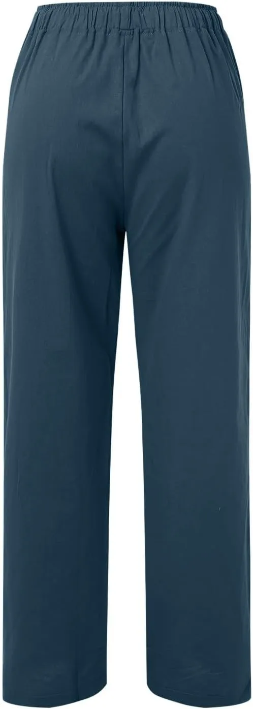 Women Linen Summer Casual Loose Pants Low Waist Long Lounge Loose Fit Trouser Office