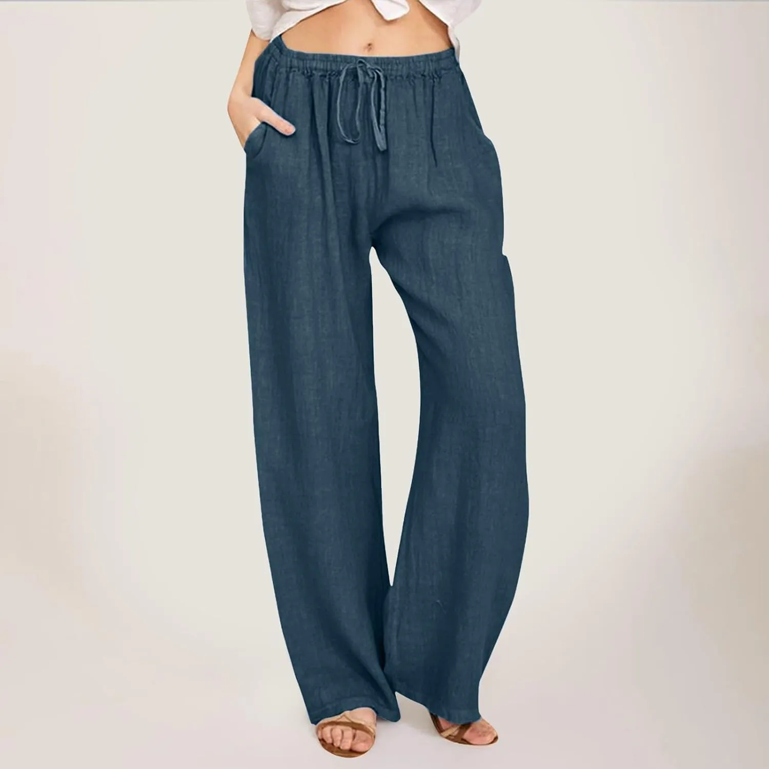 Women Linen Summer Casual Loose Pants Low Waist Long Lounge Loose Fit Trouser Office