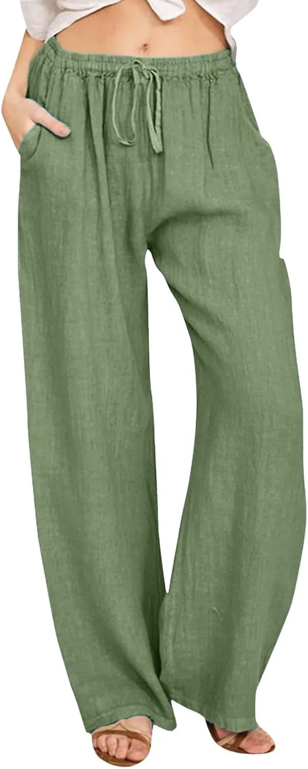 Women Linen Summer Casual Loose Pants Low Waist Long Lounge Loose Fit Trouser Office
