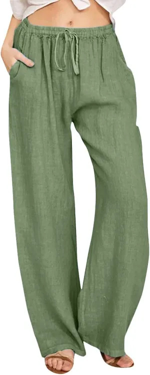 Women Linen Summer Casual Loose Pants Low Waist Long Lounge Loose Fit Trouser Office
