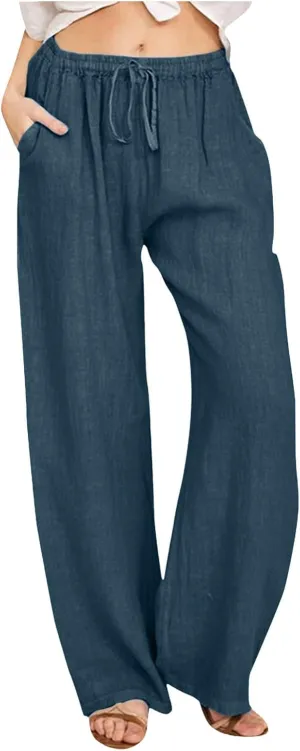 Women Linen Summer Casual Loose Pants Low Waist Long Lounge Loose Fit Trouser Office