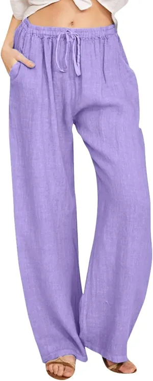Women Linen Summer Casual Loose Pants Low Waist Long Lounge Loose Fit Trouser Office