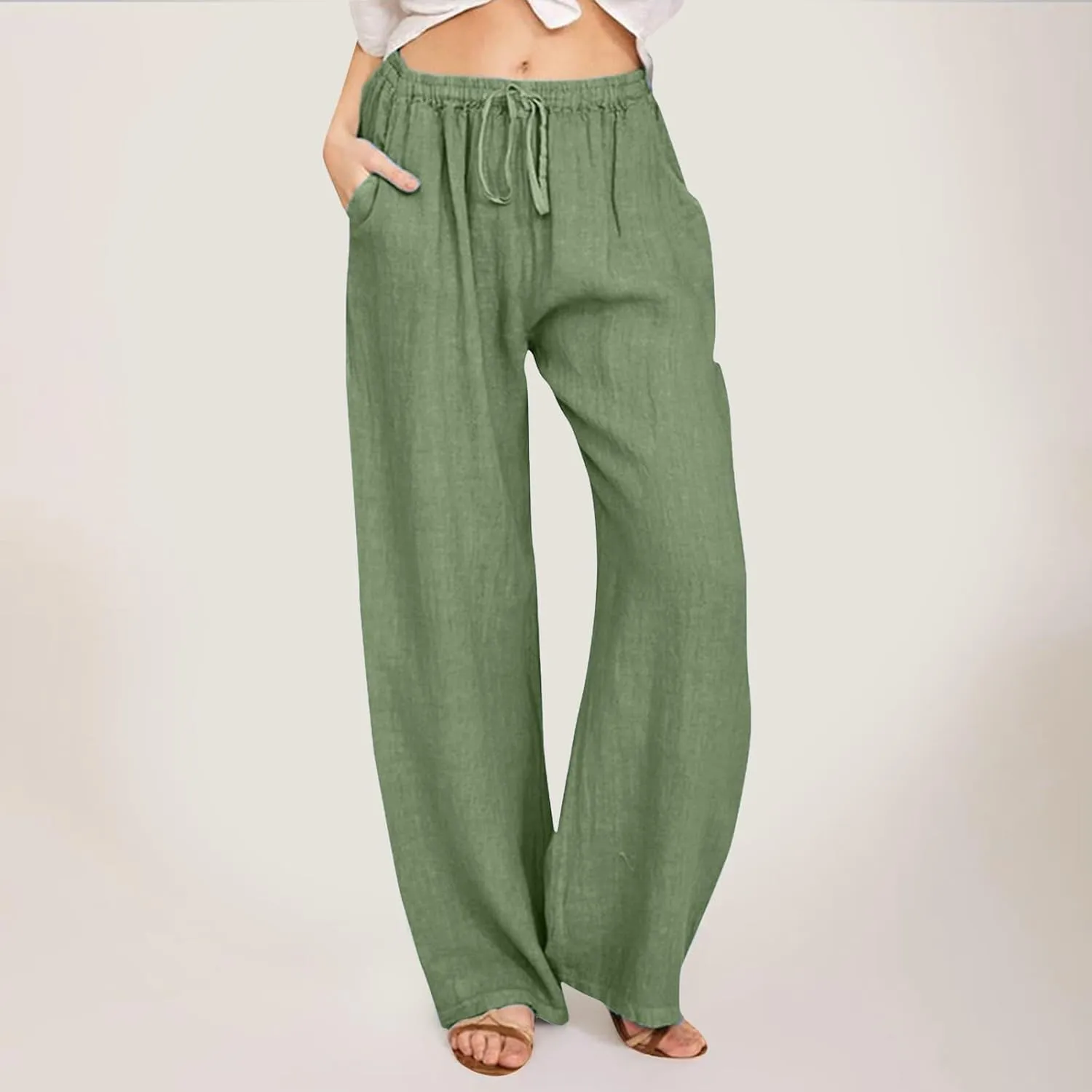 Women Linen Summer Casual Loose Pants Low Waist Long Lounge Loose Fit Trouser Office