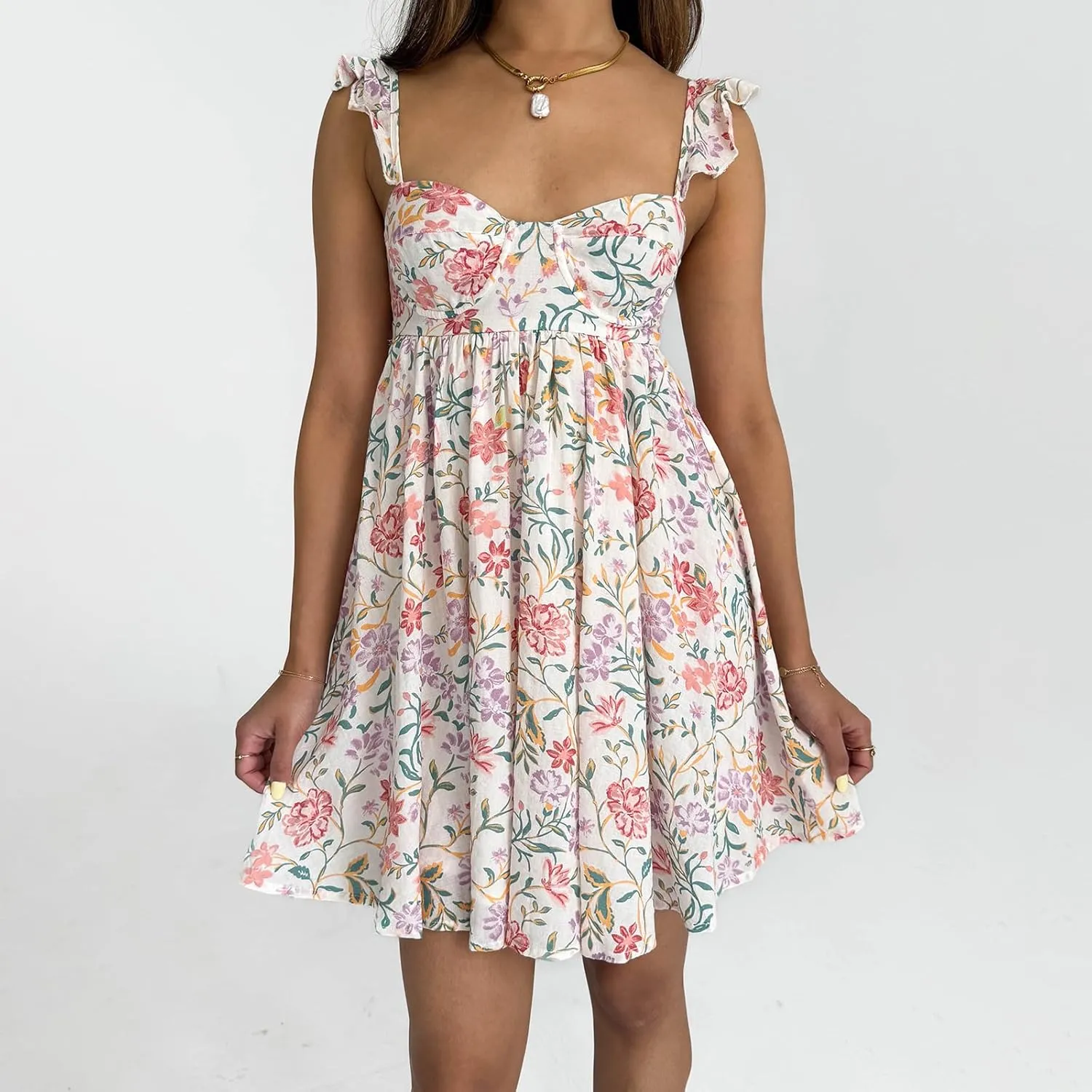 Women Ruffle Mini Dress Sleeveless Floral Strap Y2k Babydoll Flowy Short Dress Going Out Boho Vacation Sundress