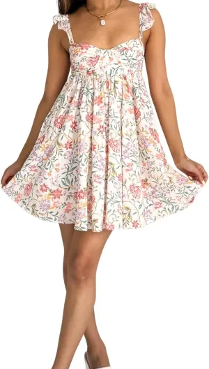 Women Ruffle Mini Dress Sleeveless Floral Strap Y2k Babydoll Flowy Short Dress Going Out Boho Vacation Sundress