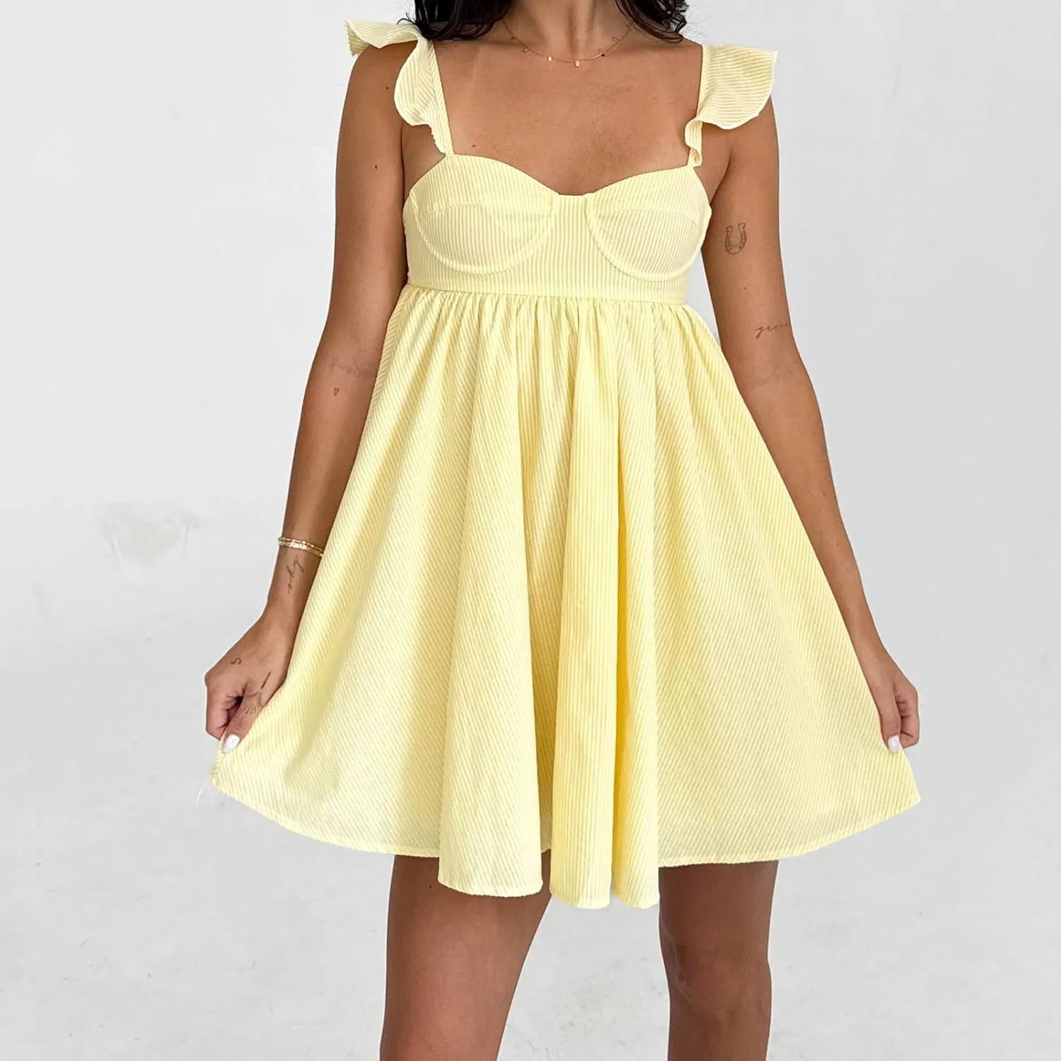 Women Ruffle Mini Dress Sleeveless Floral Strap Y2k Babydoll Flowy Short Dress Going Out Boho Vacation Sundress