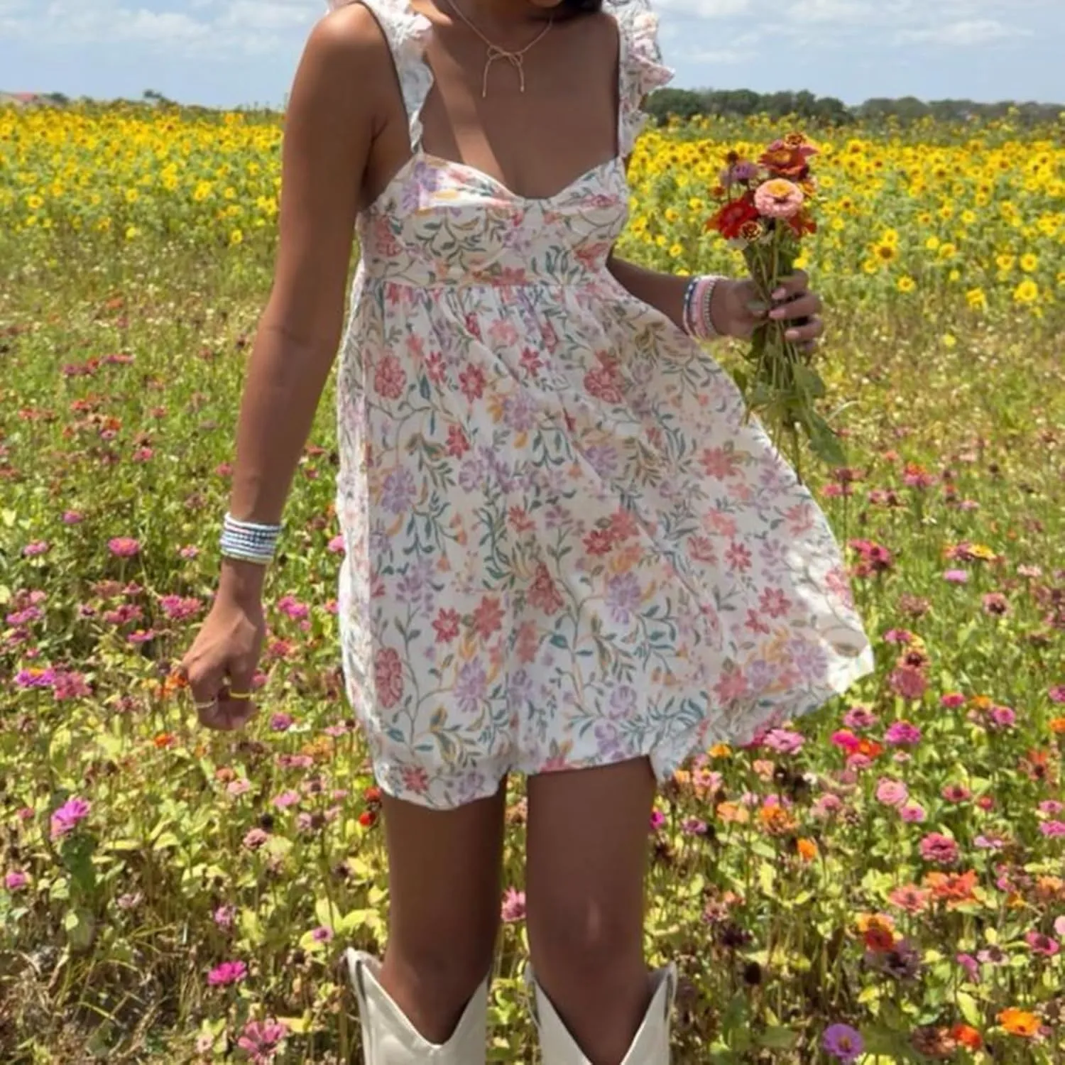 Women Ruffle Mini Dress Sleeveless Floral Strap Y2k Babydoll Flowy Short Dress Going Out Boho Vacation Sundress