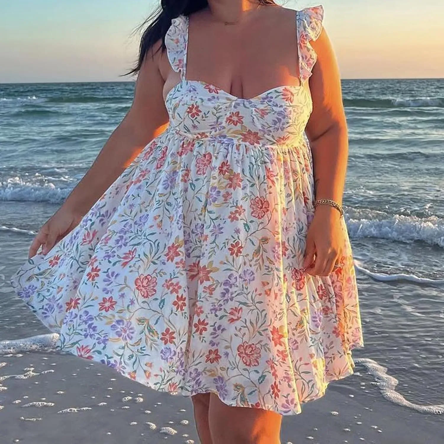 Women Ruffle Mini Dress Sleeveless Floral Strap Y2k Babydoll Flowy Short Dress Going Out Boho Vacation Sundress