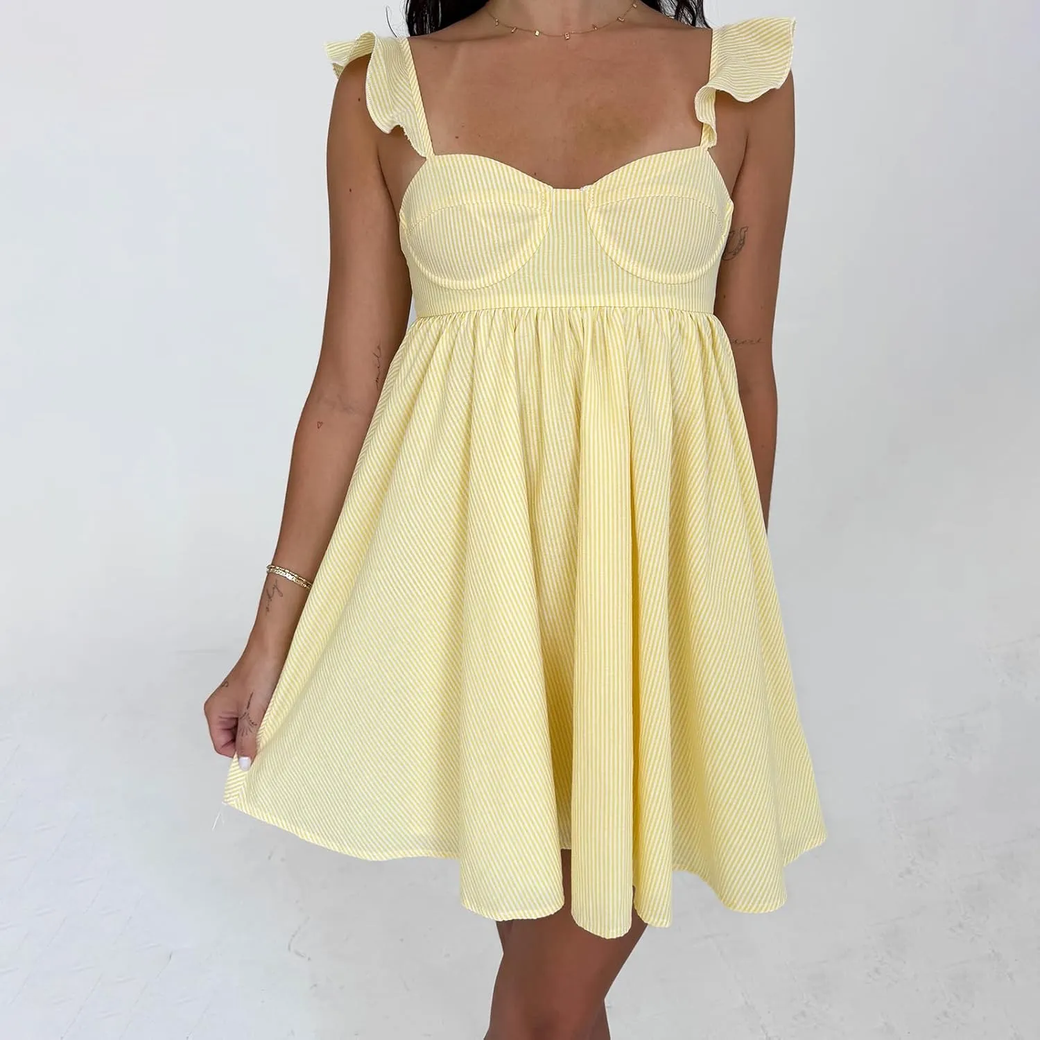 Women Ruffle Mini Dress Sleeveless Floral Strap Y2k Babydoll Flowy Short Dress Going Out Boho Vacation Sundress