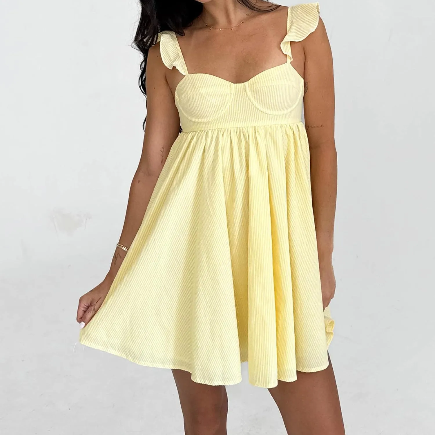 Women Ruffle Mini Dress Sleeveless Floral Strap Y2k Babydoll Flowy Short Dress Going Out Boho Vacation Sundress