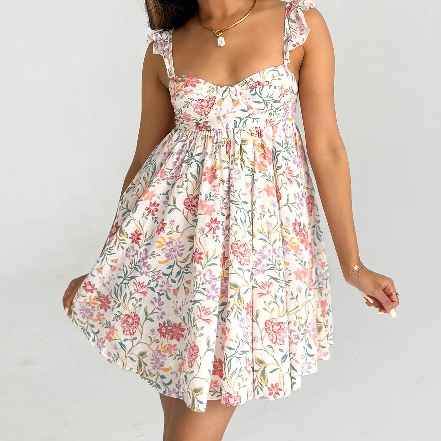 Women Ruffle Mini Dress Sleeveless Floral Strap Y2k Babydoll Flowy Short Dress Going Out Boho Vacation Sundress