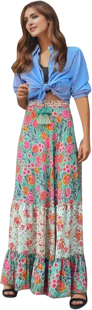 Women Summer Bohemian Printed Loose Casual Holiday Maxi Skirt Pleated Midi Skirt