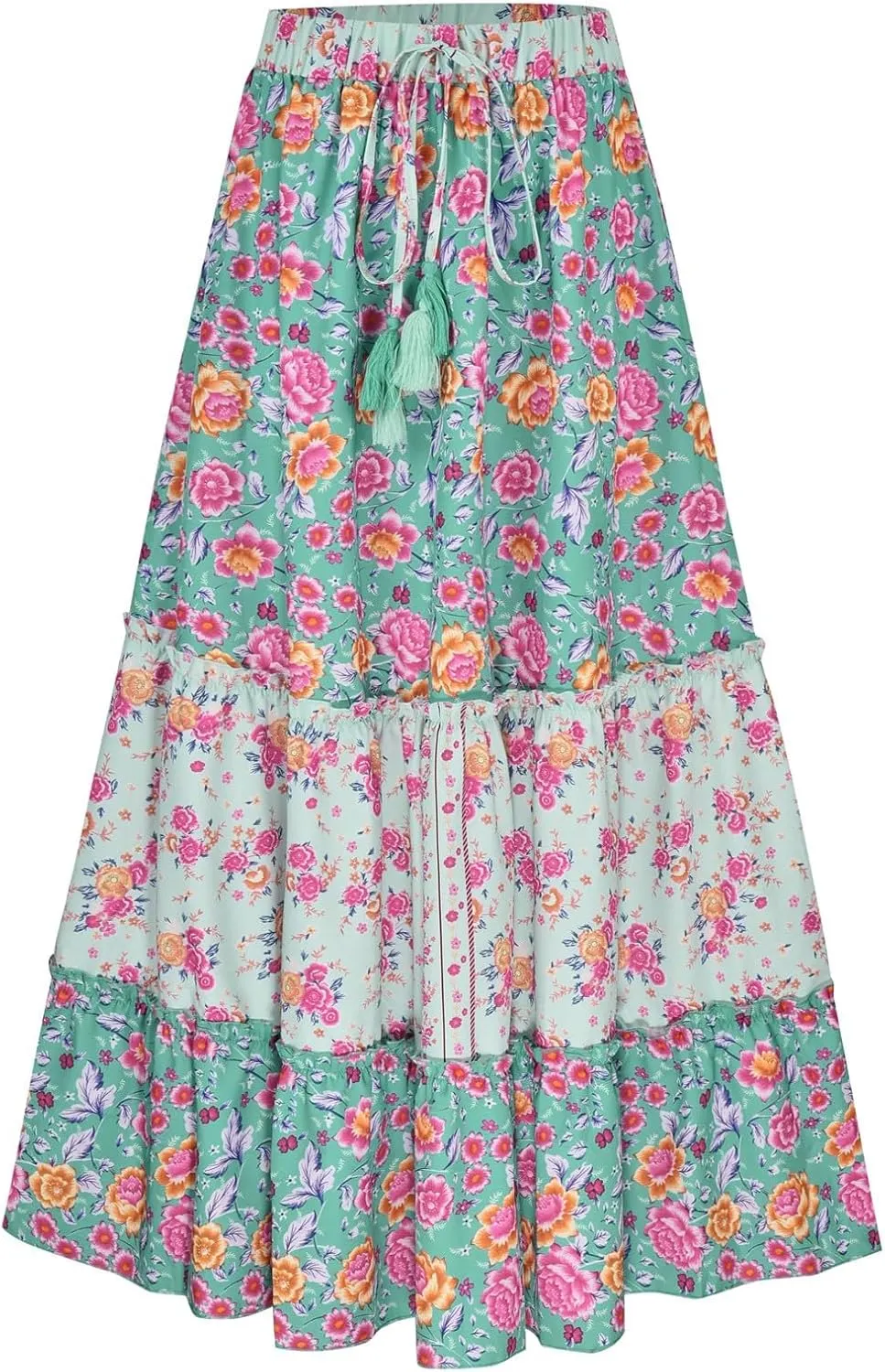 Women Summer Bohemian Printed Loose Casual Holiday Maxi Skirt Pleated Midi Skirt