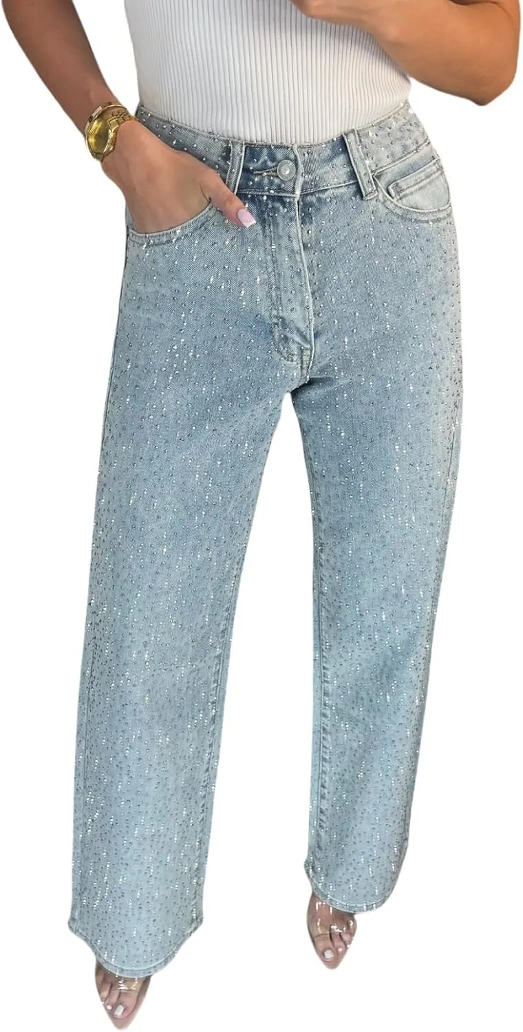 Women's Casual Rhinestone Loose Harem Jeans, Bling Denim Pants, Loose Straight, High Waisted Rhinestone Jeans for Women