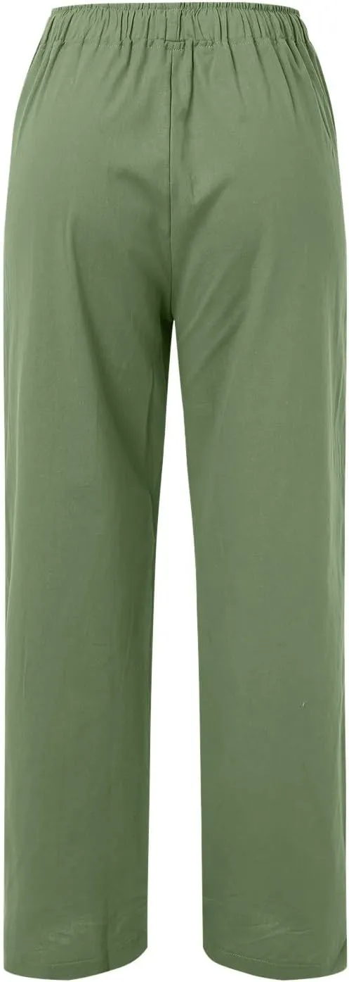 Womens Linen Summer Loose Pant Trousers Low Waist Stretchy Straight Loose Fit Trouser Office