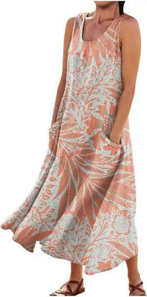 Women's Loose Cotton Linen Solid Plus Size Dress Print Boho Swing Oversized Loose Dress with Pockets