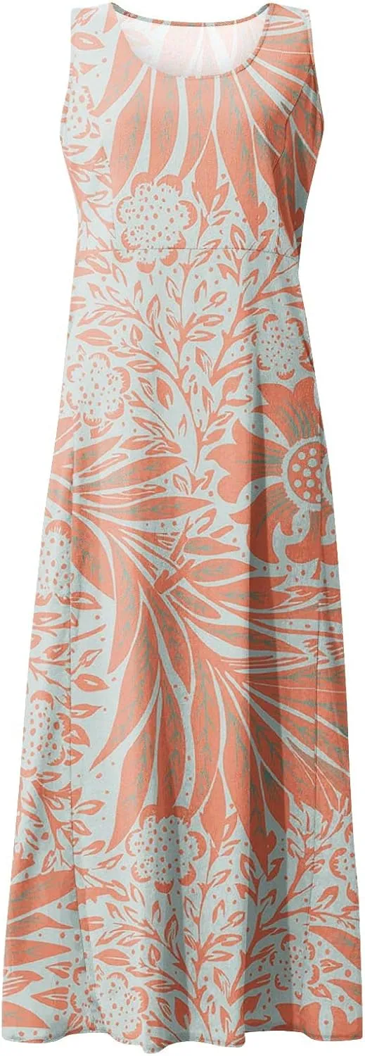 Women's Loose Cotton Linen Solid Plus Size Dress Print Boho Swing Oversized Loose Dress with Pockets
