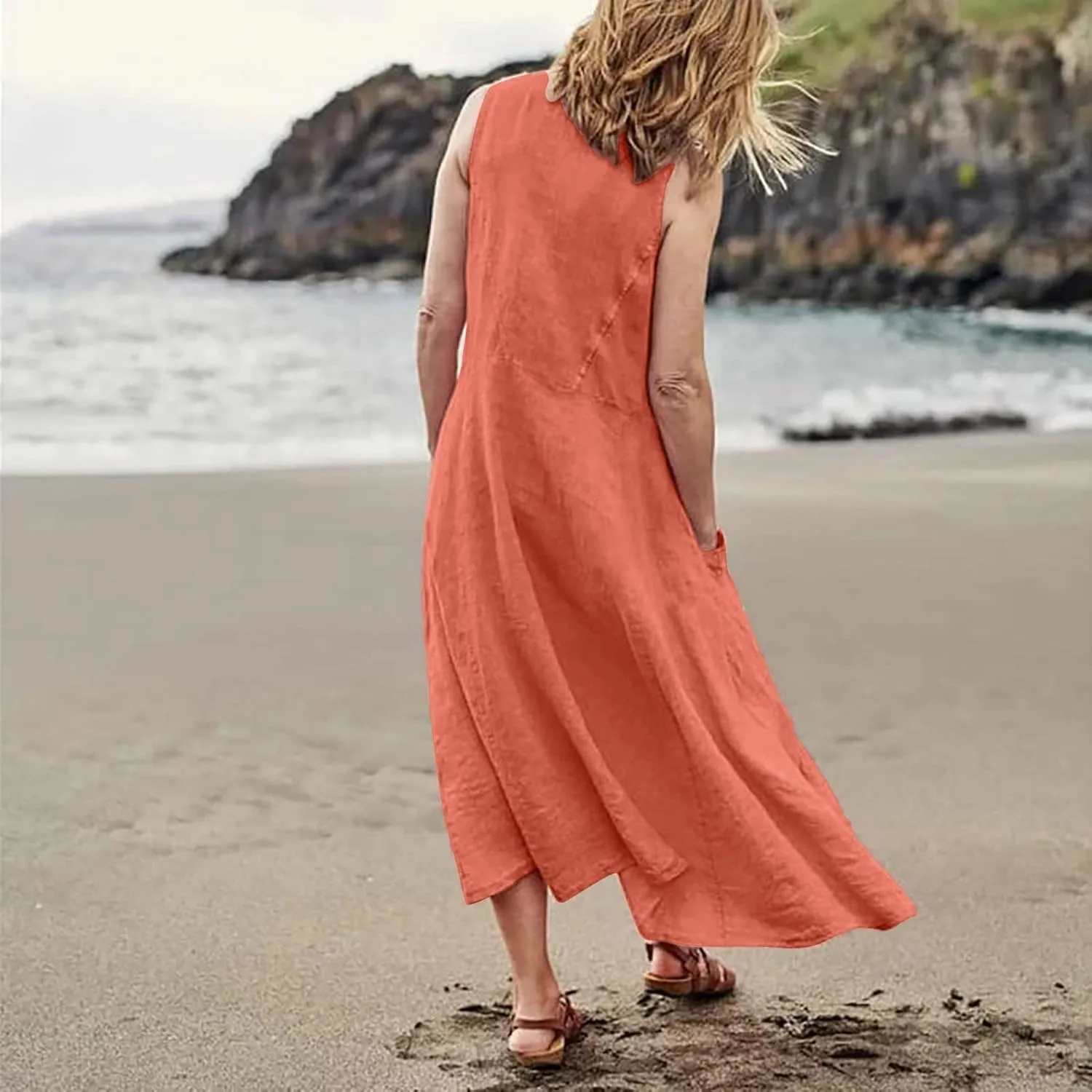 Women's Loose Cotton Linen Solid Plus Size Dress Print Boho Swing Oversized Loose Dress with Pockets