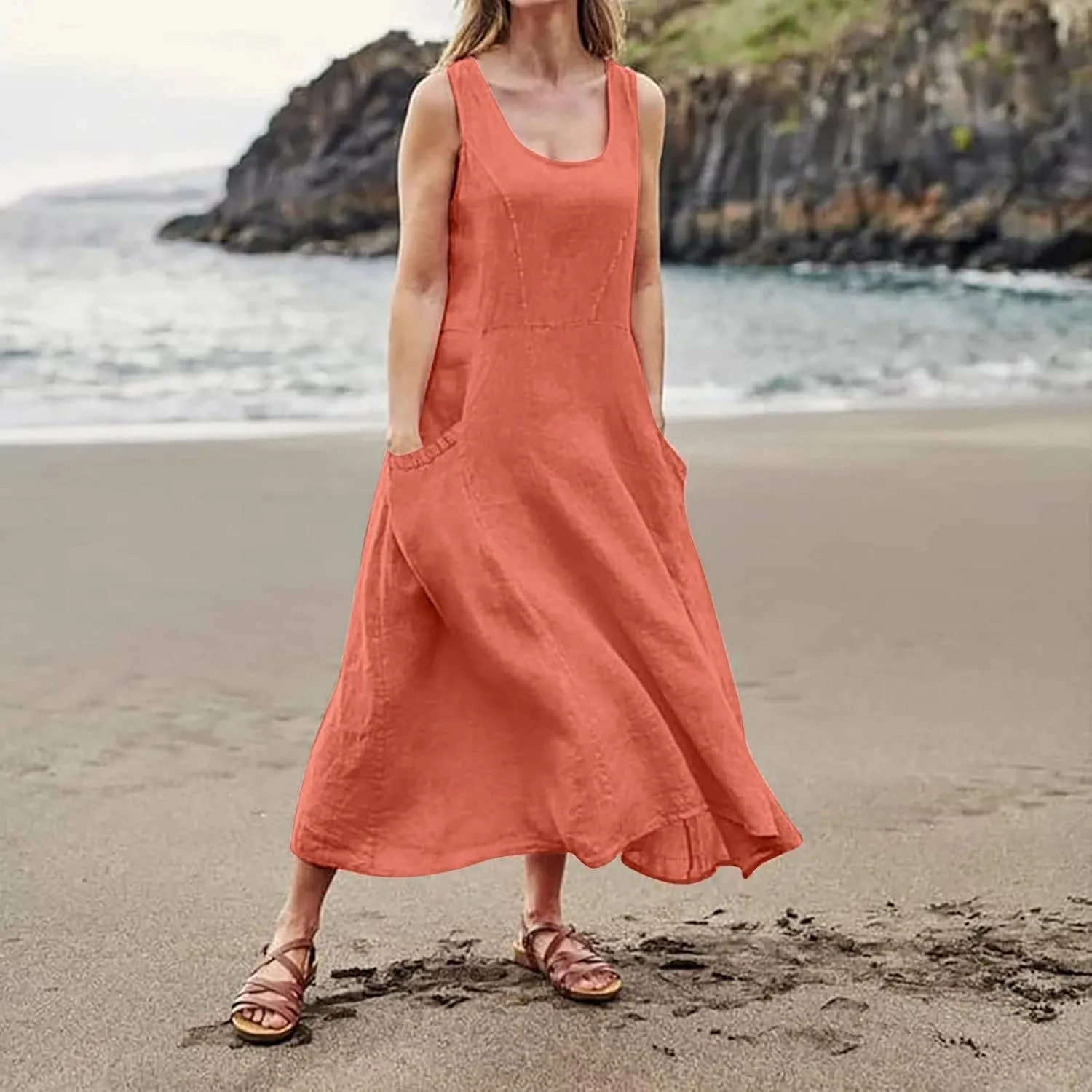 Women's Loose Cotton Linen Solid Plus Size Dress Print Boho Swing Oversized Loose Dress with Pockets