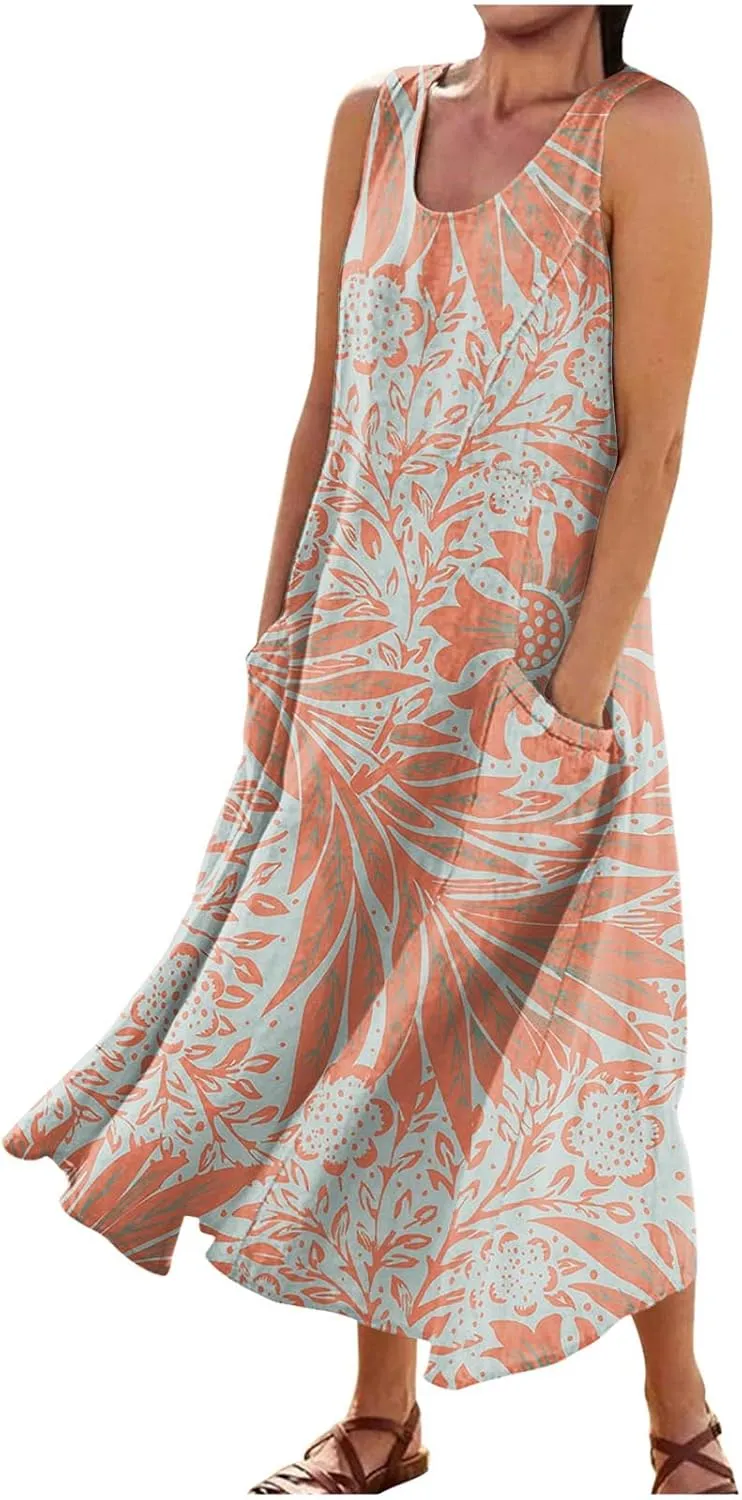 Women's Loose Cotton Linen Solid Plus Size Dress Print Boho Swing Oversized Loose Dress with Pockets