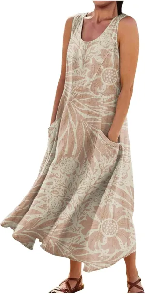Women's Loose Cotton Linen Solid Plus Size Dress Print Boho Swing Oversized Loose Dress with Pockets