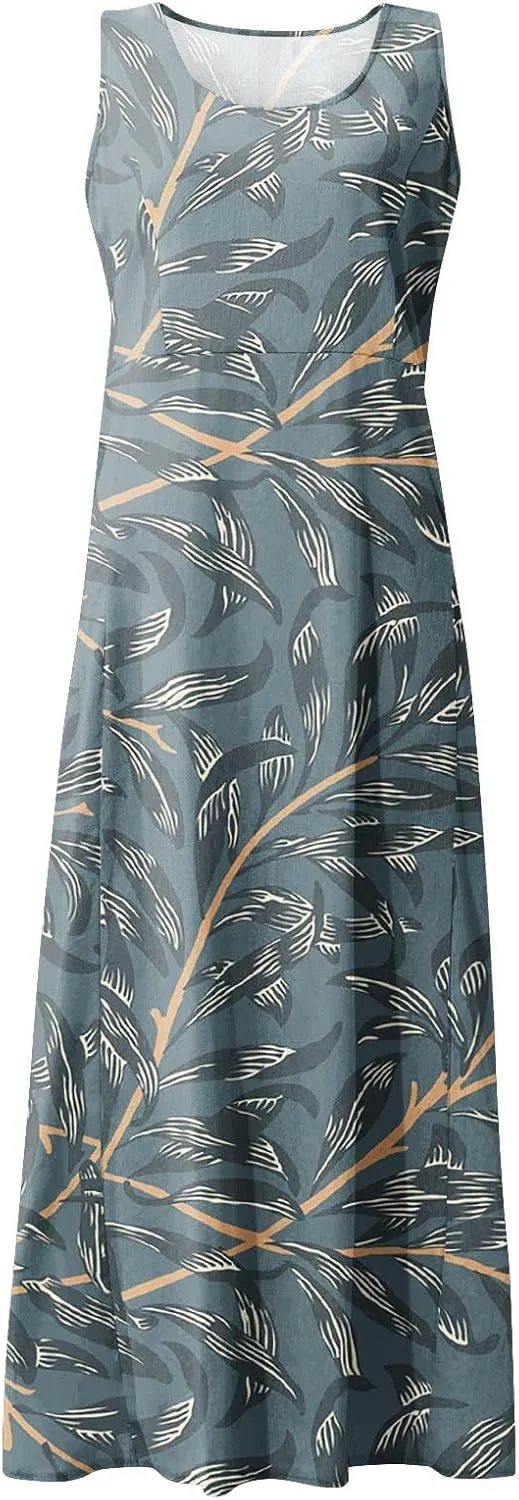 Women's Loose Cotton Linen Solid Plus Size Dress Print Boho Swing Oversized Loose Dress with Pockets