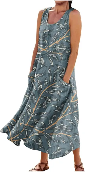 Women's Loose Cotton Linen Solid Plus Size Dress Print Boho Swing Oversized Loose Dress with Pockets