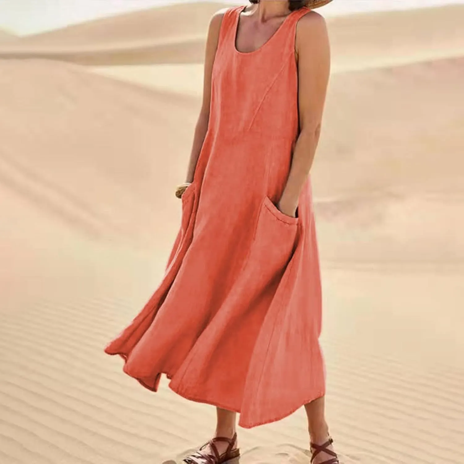 Women's Loose Cotton Linen Solid Plus Size Dress Print Boho Swing Oversized Loose Dress with Pockets