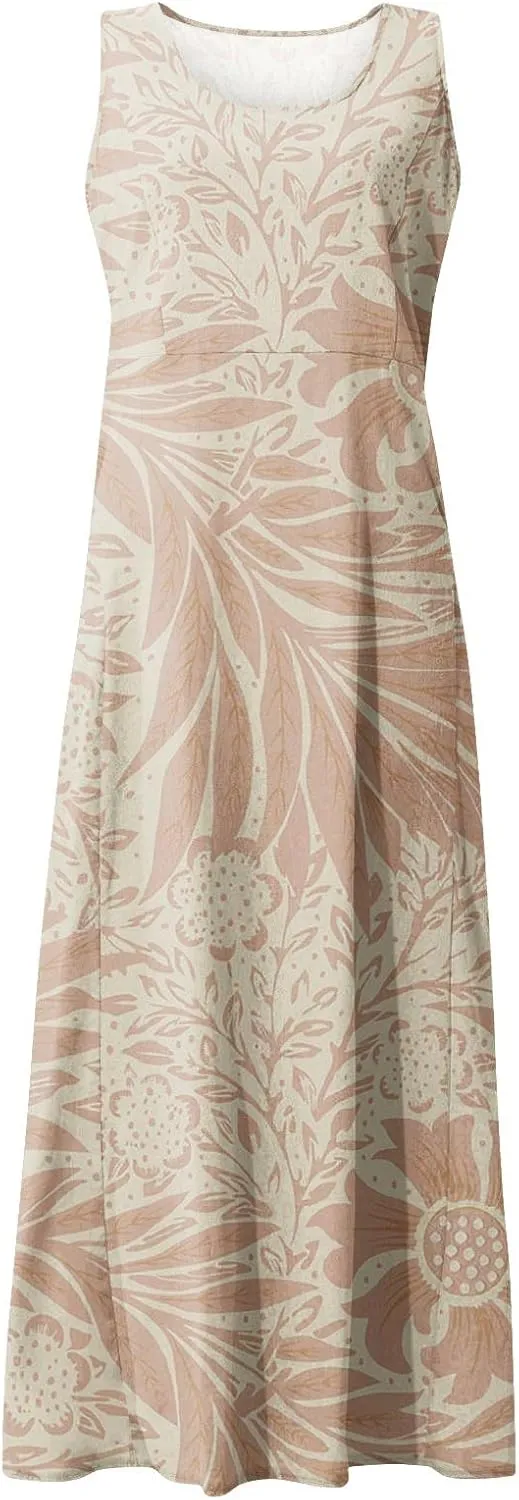 Women's Loose Cotton Linen Solid Plus Size Dress Print Boho Swing Oversized Loose Dress with Pockets