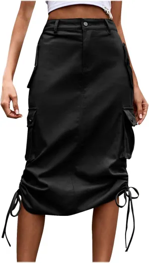 Womens Loose Fit Denim Skort for Women Midi Knee High Pleated Western High Cut Tie Knot Smocked Plain 2024 Y2K