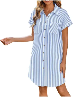 Womens Striped Mini Dress Short Sleeve Button V Neck Loose Dresses Summer Casual Loose Fit T Shirt with Pockets