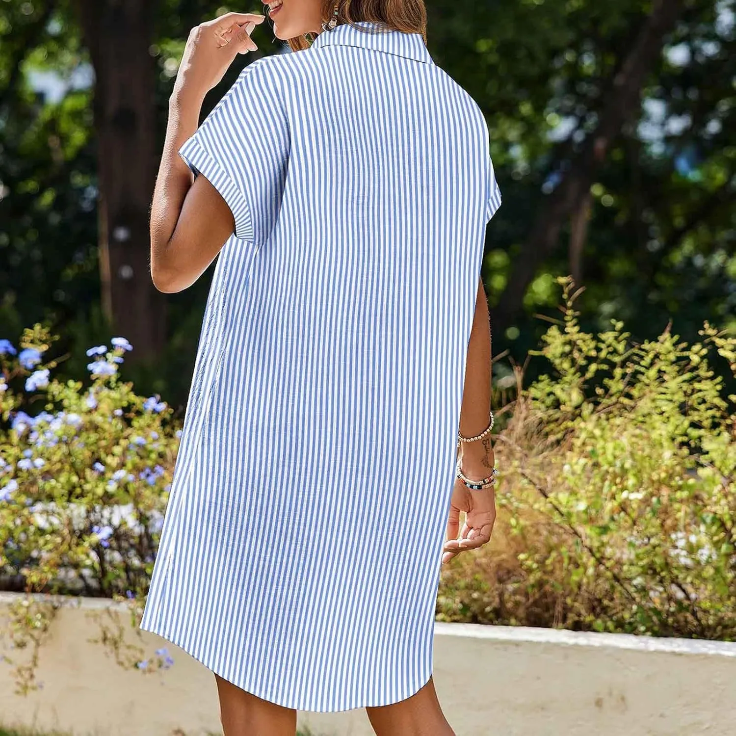 Womens Striped Mini Dress Short Sleeve Button V Neck Loose Dresses Summer Casual Loose Fit T Shirt with Pockets