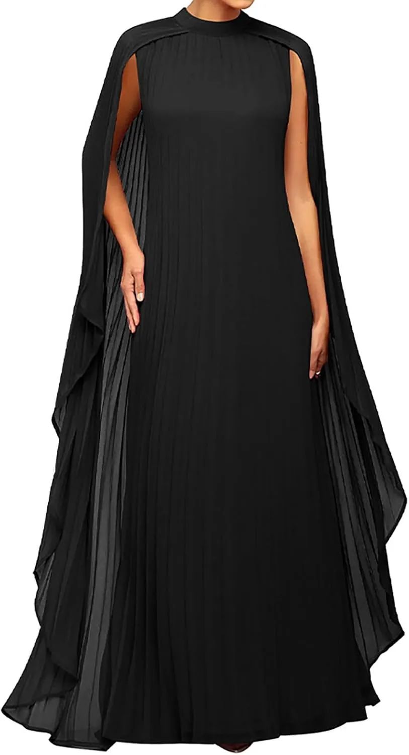 Yuopeid Women's Mock Neck Cloak Sleeve Loose Casual Maxi Dress Flowy Pleated Party Loose Dress Wedding Guest Long Dress