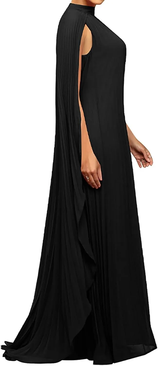 Yuopeid Women's Mock Neck Cloak Sleeve Loose Casual Maxi Dress Flowy Pleated Party Loose Dress Wedding Guest Long Dress
