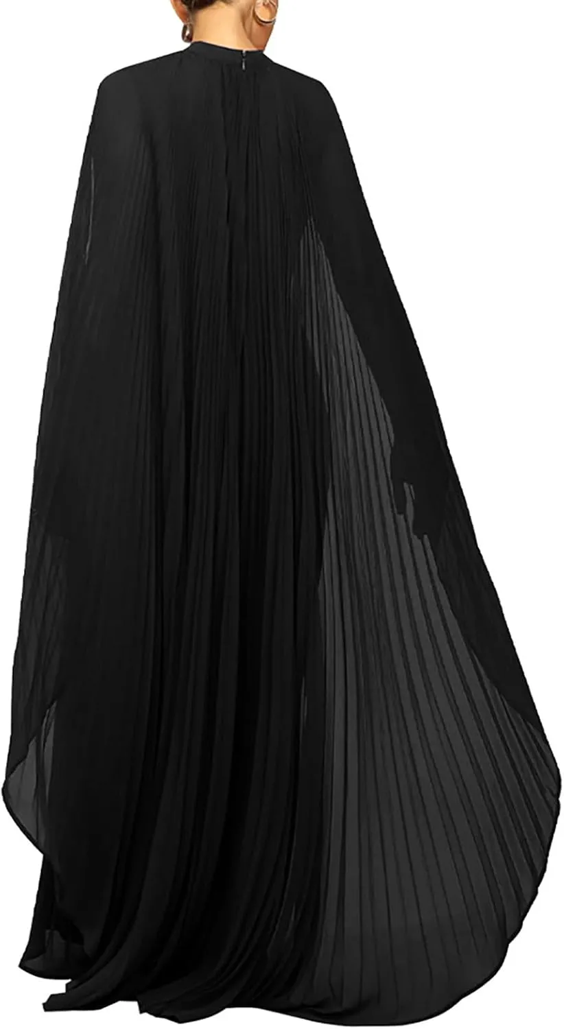 Yuopeid Women's Mock Neck Cloak Sleeve Loose Casual Maxi Dress Flowy Pleated Party Loose Dress Wedding Guest Long Dress