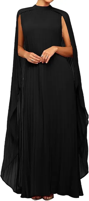 Yuopeid Women's Mock Neck Cloak Sleeve Loose Casual Maxi Dress Flowy Pleated Party Loose Dress Wedding Guest Long Dress