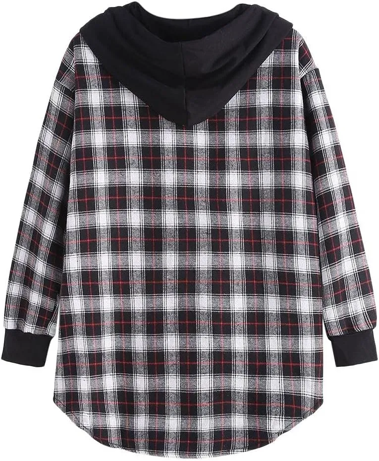 ZAFUL Women's Plaid Fleece Lined Hooded Jacket Button Up Oversized Fuzzy Coat Checkered Flannel Hoodie Jacket