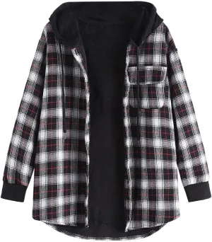 ZAFUL Women's Plaid Fleece Lined Hooded Jacket Button Up Oversized Fuzzy Coat Checkered Flannel Hoodie Jacket