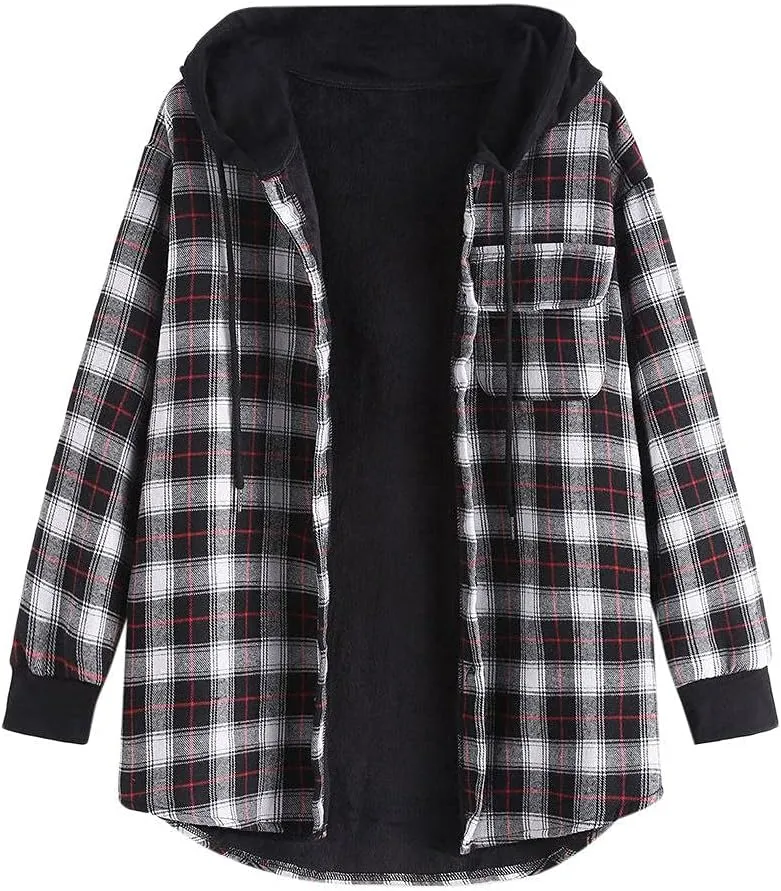 ZAFUL Women's Plaid Fleece Lined Hooded Jacket Button Up Oversized Fuzzy Coat Checkered Flannel Hoodie Jacket