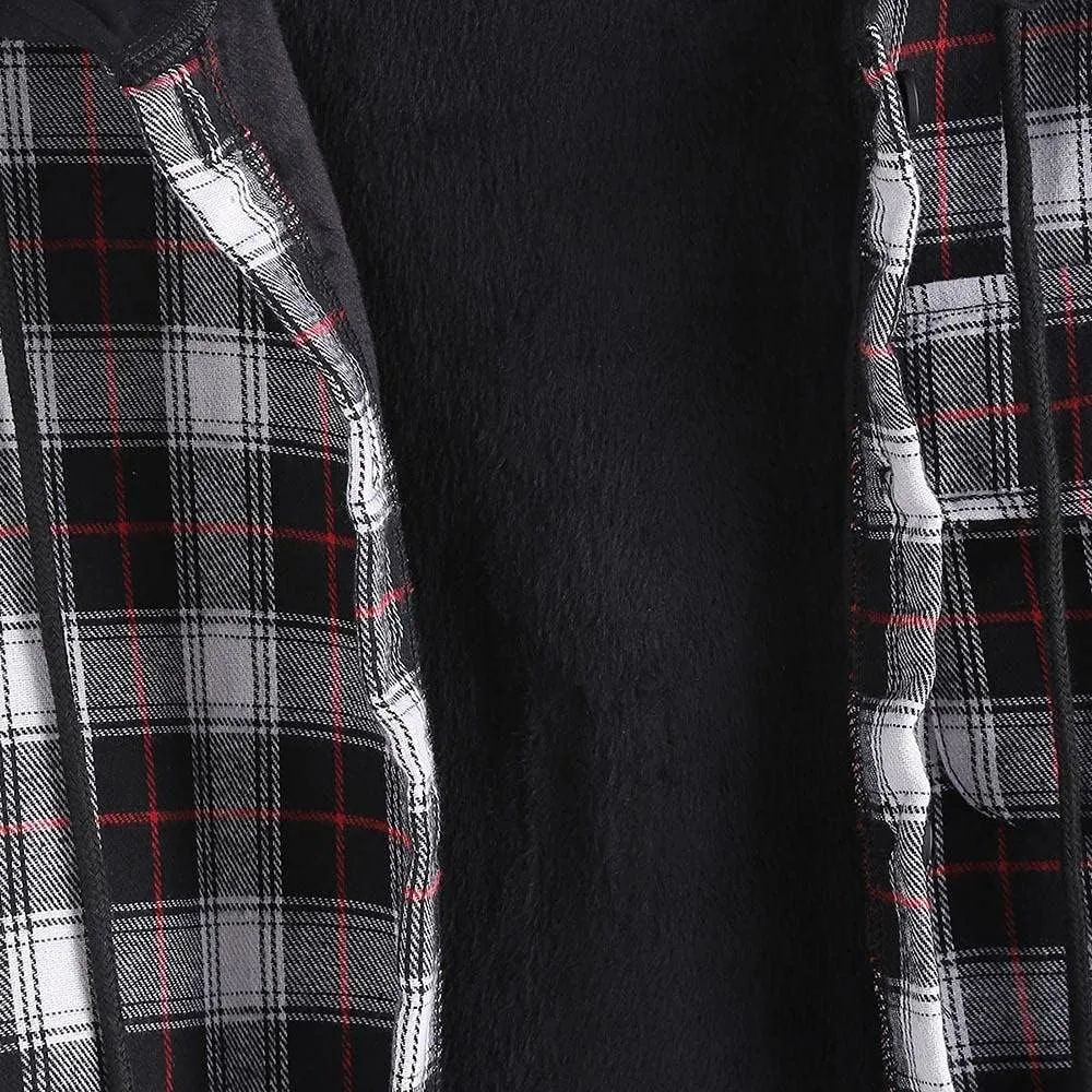 ZAFUL Women's Plaid Fleece Lined Hooded Jacket Button Up Oversized Fuzzy Coat Checkered Flannel Hoodie Jacket